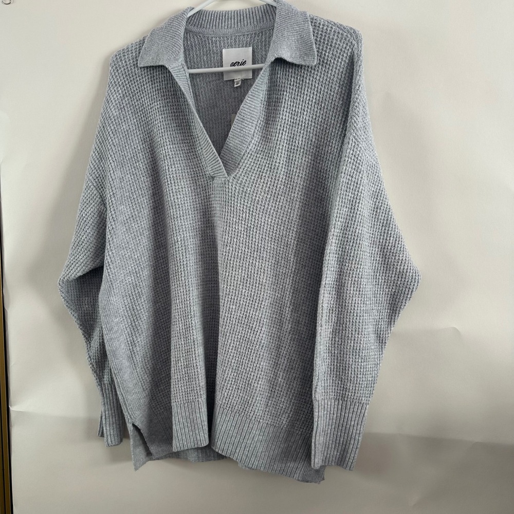 Aerie Womens Waffle Knit Collared V-Neck Sweater Gray Oversized 0745-3228 XS